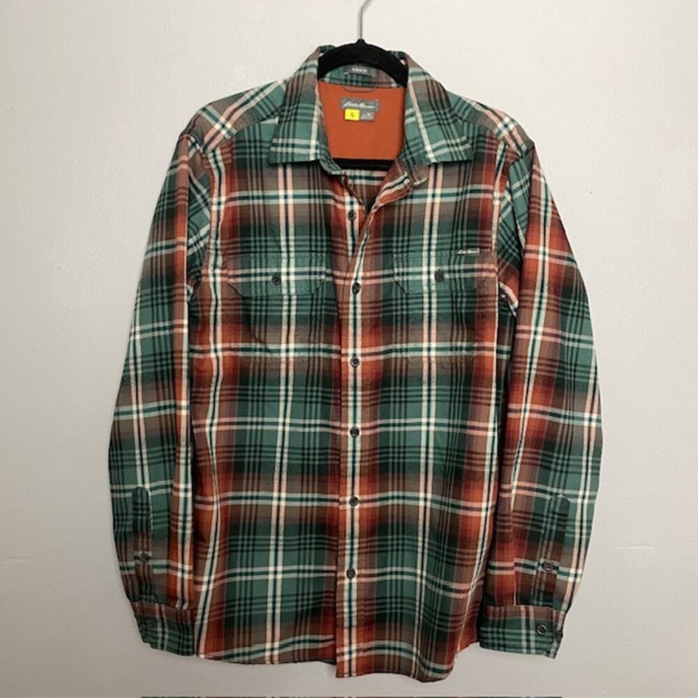 Eddie Bauer Classic Fit Plaid Flannel Shirt Green Rust Outdoor Button Up M